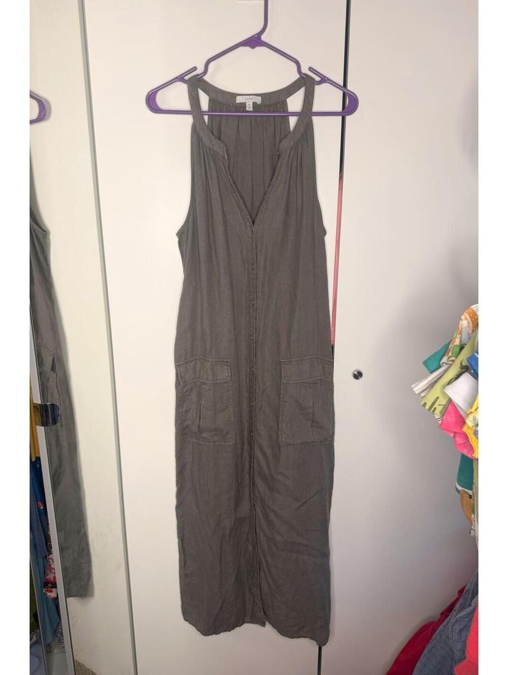 Joie 100% Linen Sleeveless Gray Green Button-Front Dress